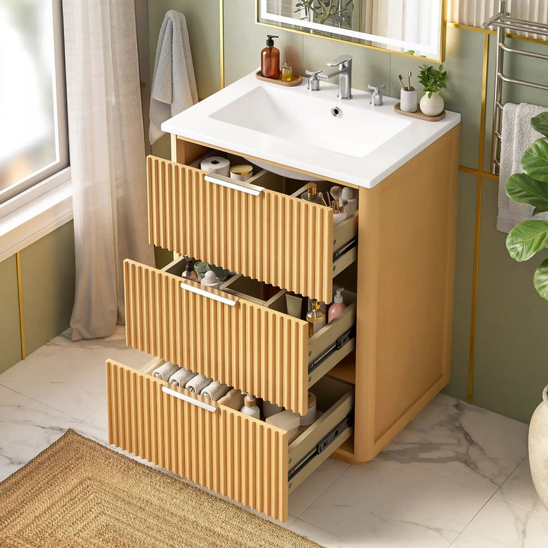 Bathroom Vanity With Sink, Open Shelf & Closed Storage - Natural Wood by HouseOfZazla