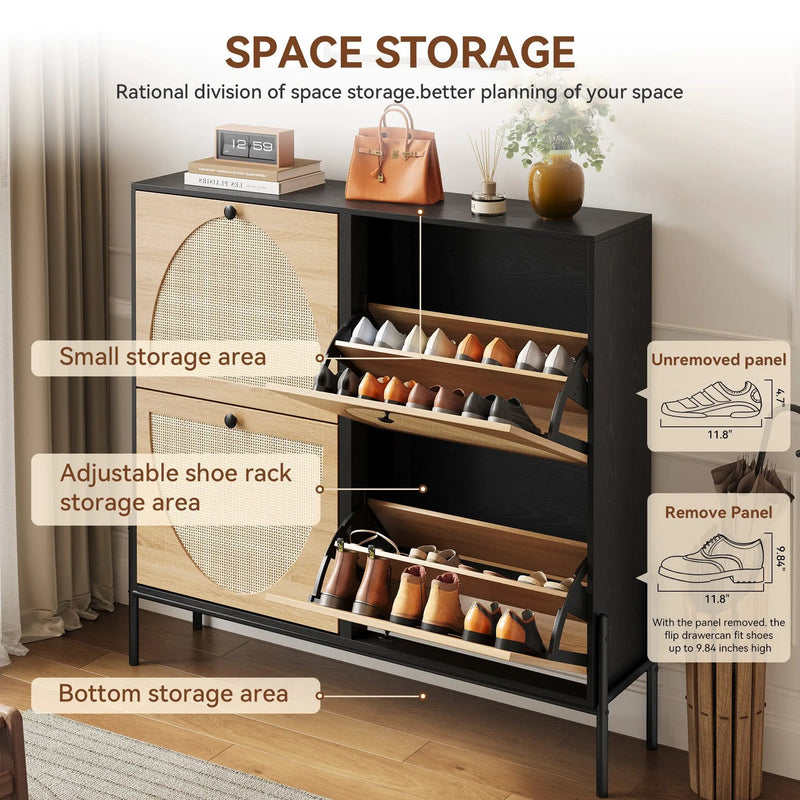 Space-Saving Rattan Shoe Cabinet with 4 Flip-Down Doors by HouseOfZazla