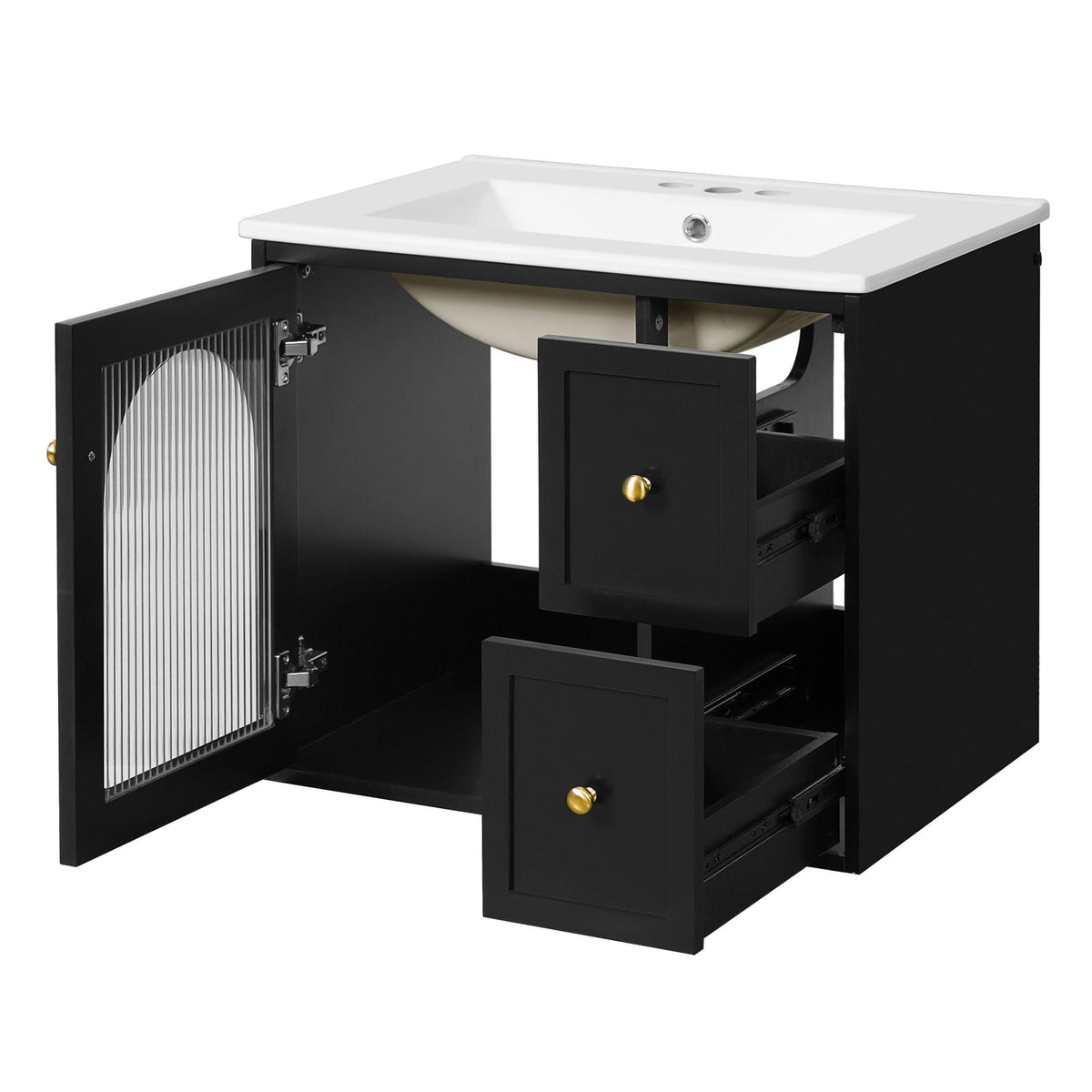 Wall-Mounted Bathroom Vanity Set with Ceramic Sink and Soft-Close Drawers - Black, Beige, or White