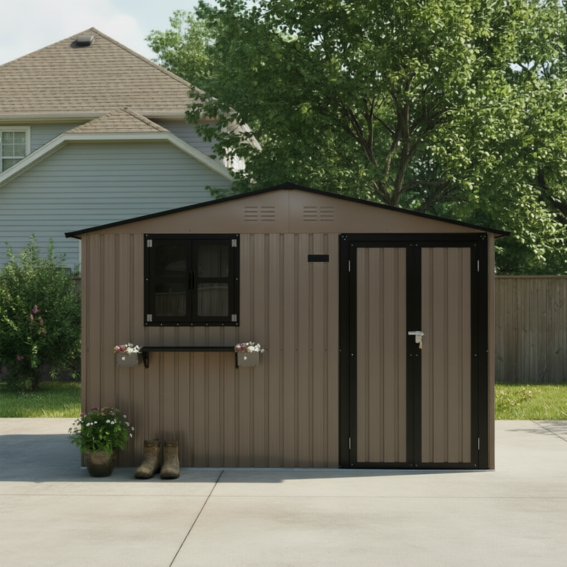 10x8 Ft Outdoor Metal Storage Shed with Window & Flower Rack by HouseOfZazla