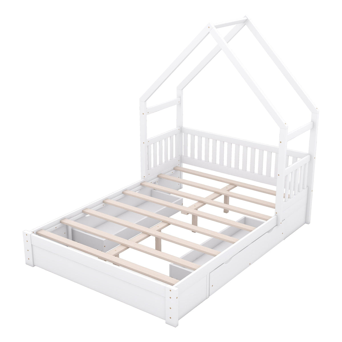 Queen Storage Platform Bed with Guardrail and 2 Drawers - White or Light Brown, photo 8 of 23