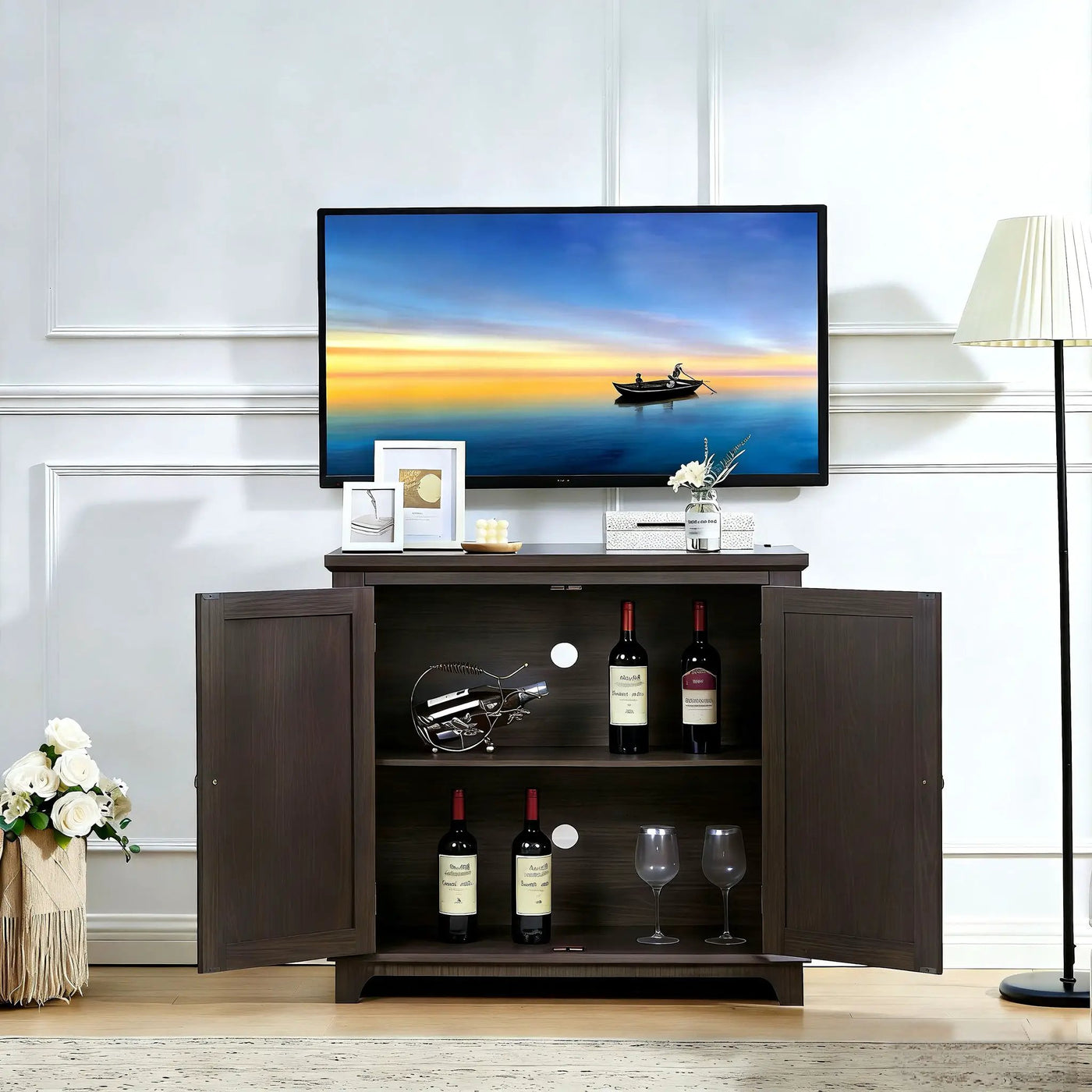 Elegant Sideboard With 2 Acrylic Mirrored Doors, Adjustable Shelf Storage by HouseOfZazla