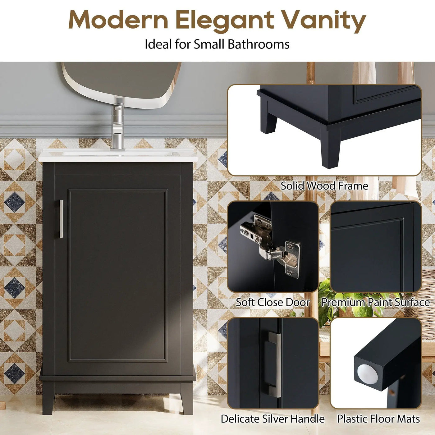 Modern Small Bathroom Vanity Cabinet With Ceramic Basin, Ample Storage, 1 Soft Close Door by Unique Piece Furniture