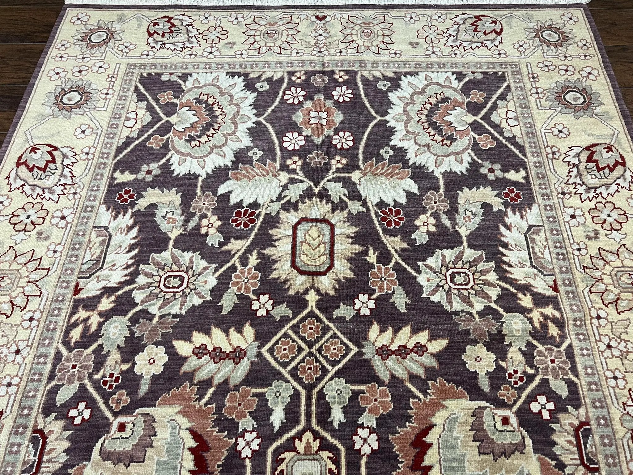 Vintage Indo Mahal Area Rug 6x9, Indian Persian Oriental Carpet 6 x 9, Puce Eggplant Tan Beige Rug, Hand-Knotted, Large Floral Design Wool by Jewel Rugs