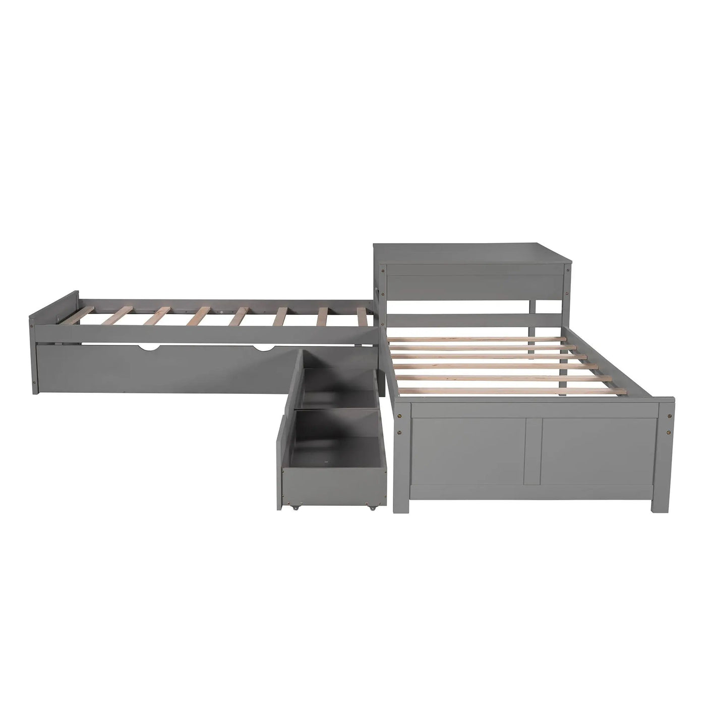 L Shaped Platform Bed With Trundle And Drawers Linked With Built In Desk by HouseOfZazla