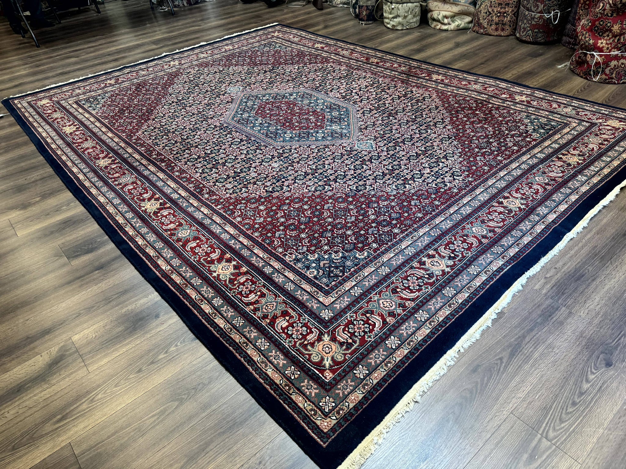 Indo Persian Bidjar Rug 9x12 Wool Handmade Carpet Dark Blue by Jewel Rugs