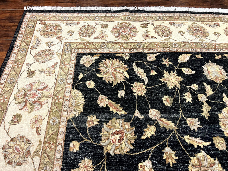 Indo Persian Rug 10x14, Charcoal and Beige, Floral Allover, Handmade Vintage Wool Carpet by Jewel Rugs