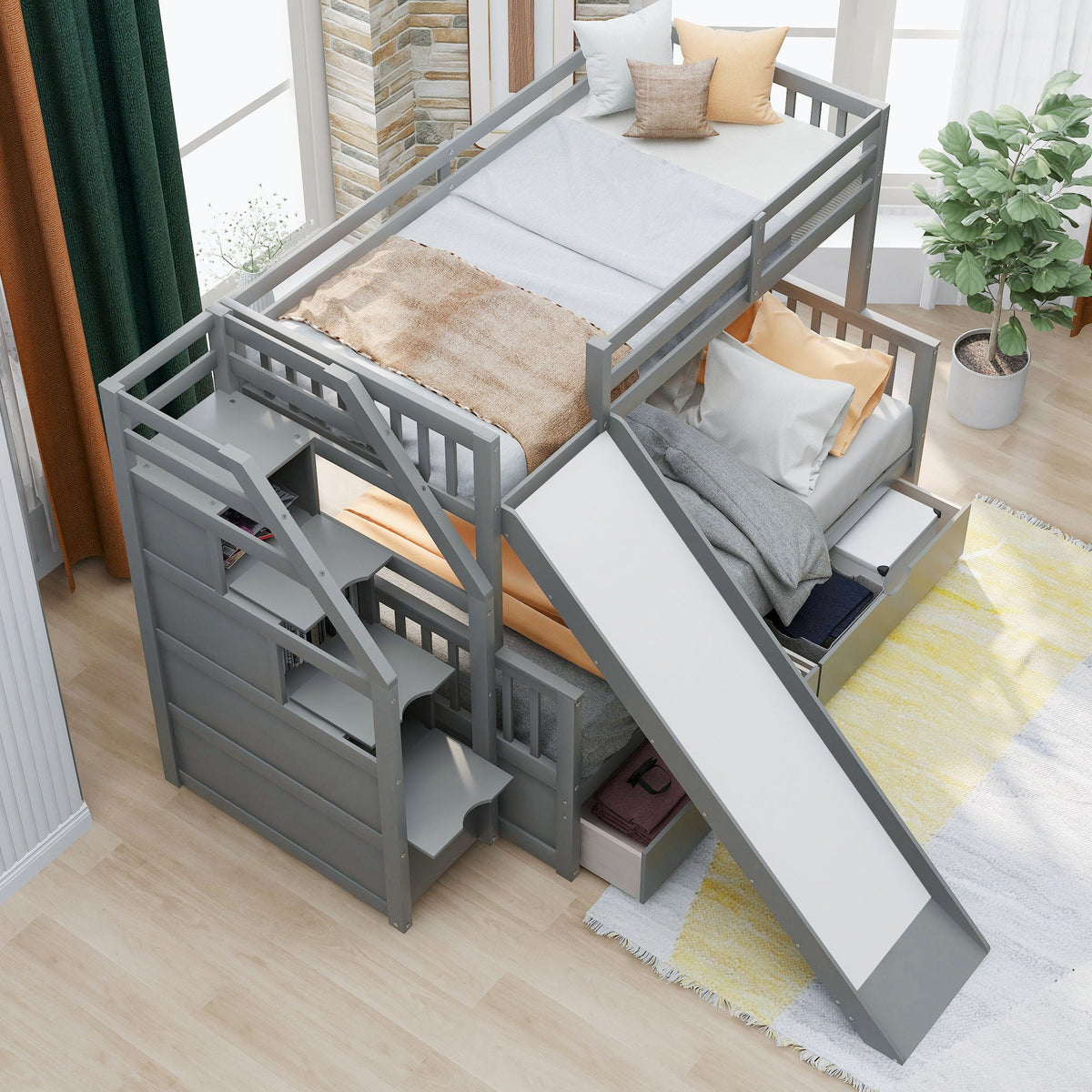 Bunk Bed with Storage Staircase, Slide & Desk - Twin or Full - Dark Gray or White, photo 28 of 40