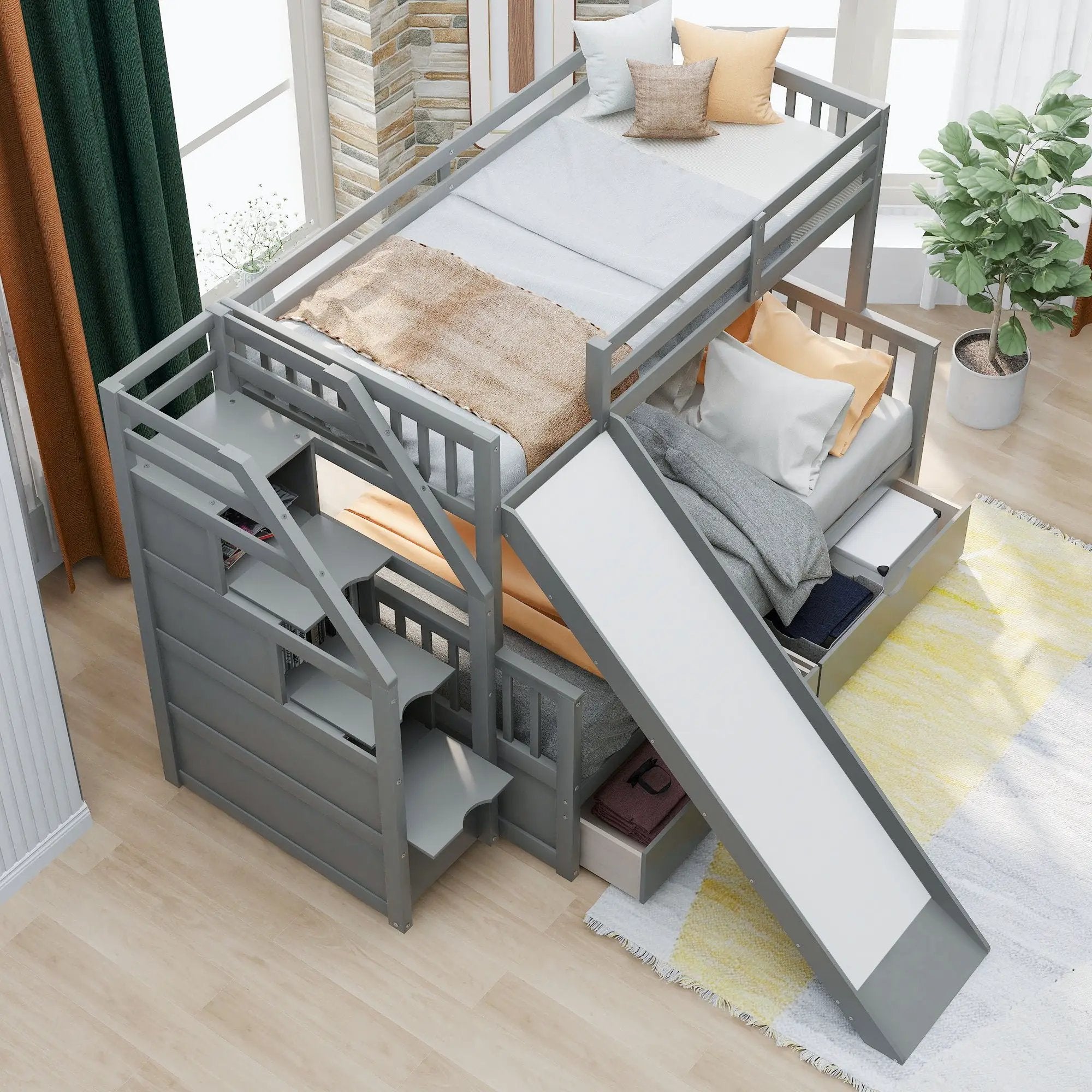 Bunk Bed With Storage Staircase, Slide, Desk, Drawers, And Shelves by HouseOfZazla