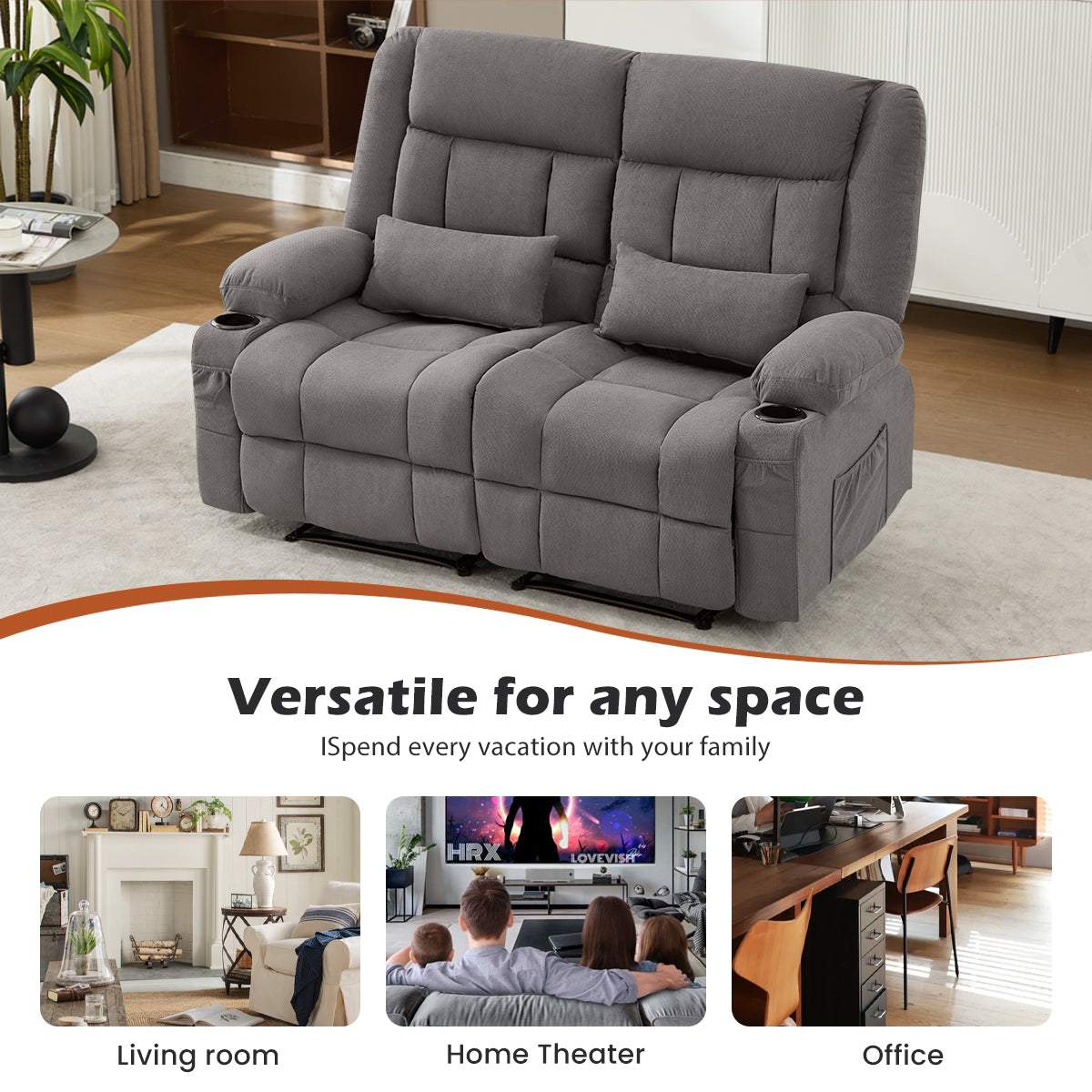 Manual Oversized Recliner Loveseat with Cup Holders - Grey or Blue, photo 7 of 10