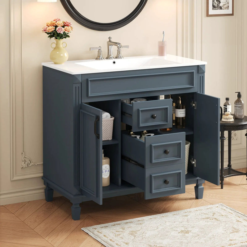 36" Bathroom Vanity With Top Sink, Basin On Cabinet With 2 Soft Closing Doors And 2 Drawers - Blue by Unique Piece Furniture