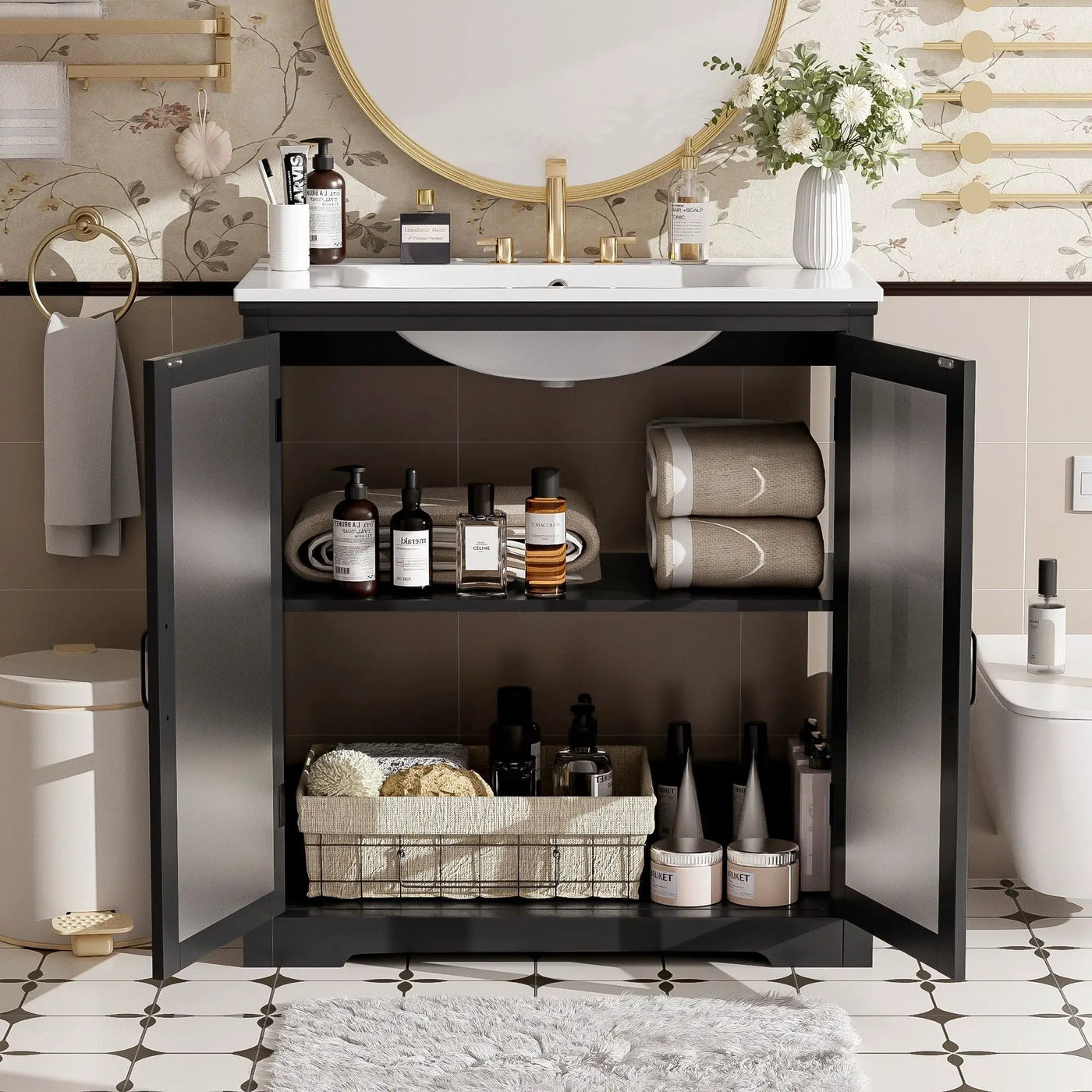 Modern Bathroom Vanity With Ceramic Sink, Tempered Blurred Glass Doors by HouseOfZazla