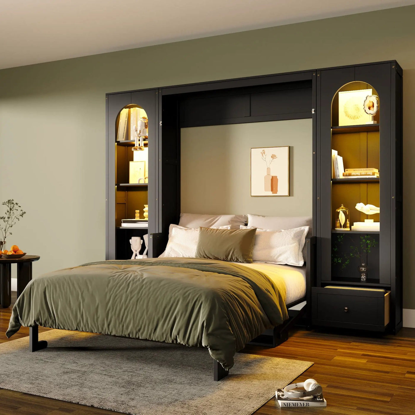 French Style Murphy Platform Bed With Shelf, Side Cabinets, Drawers And LED by HouseOfZazla