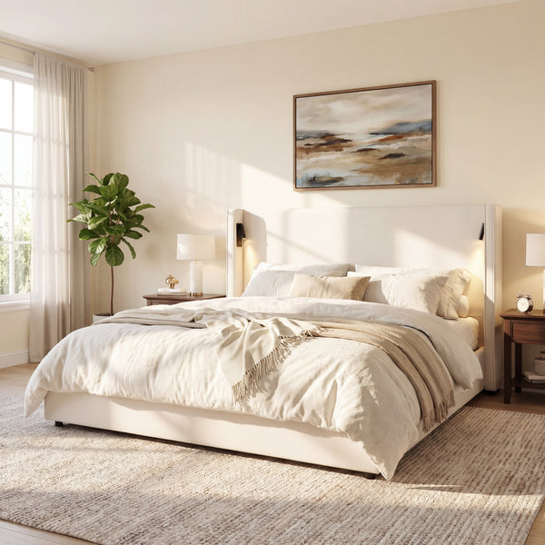 California King Size Upholstered Bed Frame with High Wingback Headboard, Reading Lamp and USB Port