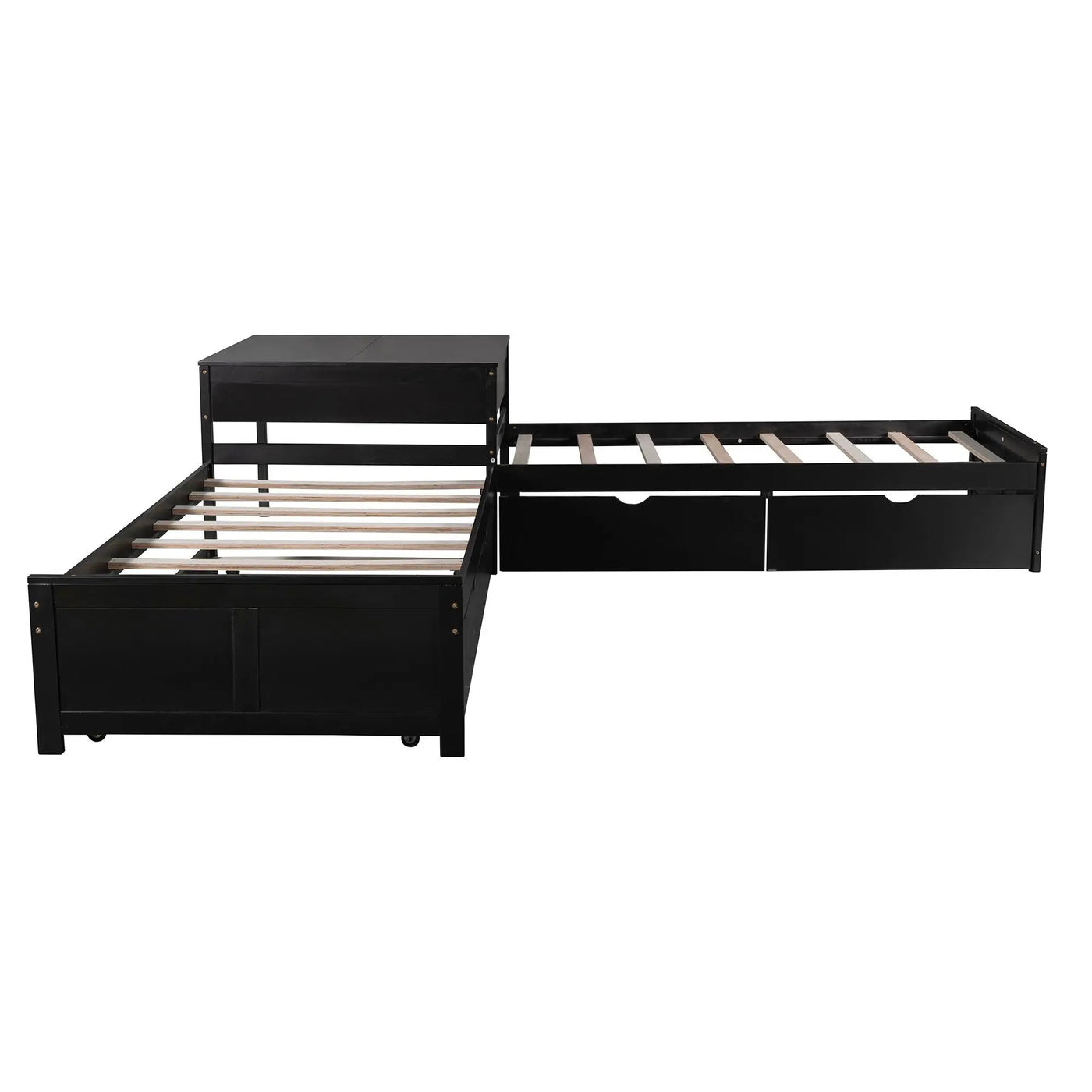 L Shaped Platform Bed With Trundle And Drawers Linked With Built In Desk by HouseOfZazla