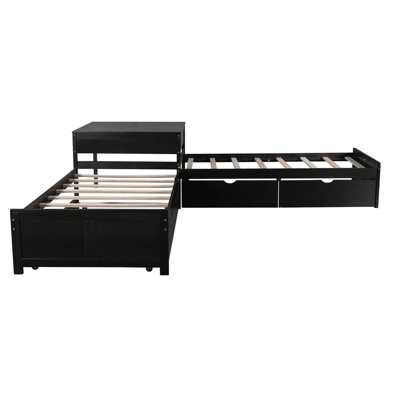 L Shaped Platform Bed With Trundle And Drawers Linked With Built In Desk by HouseOfZazla
