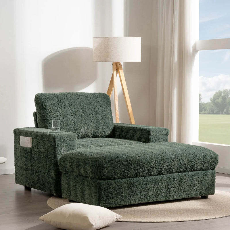 Oversized Chaise Lounge Indoor Rabbit Fur Sofa Bed With Storage Ottoman And Armrests Cup Holders With Deep Seat by Unique Piece Furniture