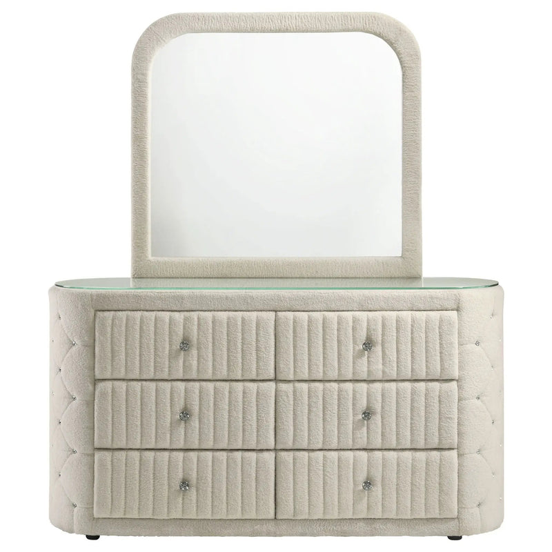 Sonya 6-drawer Upholstered Bedroom Dresser with Mirror Ivory by Unique Piece Furniture