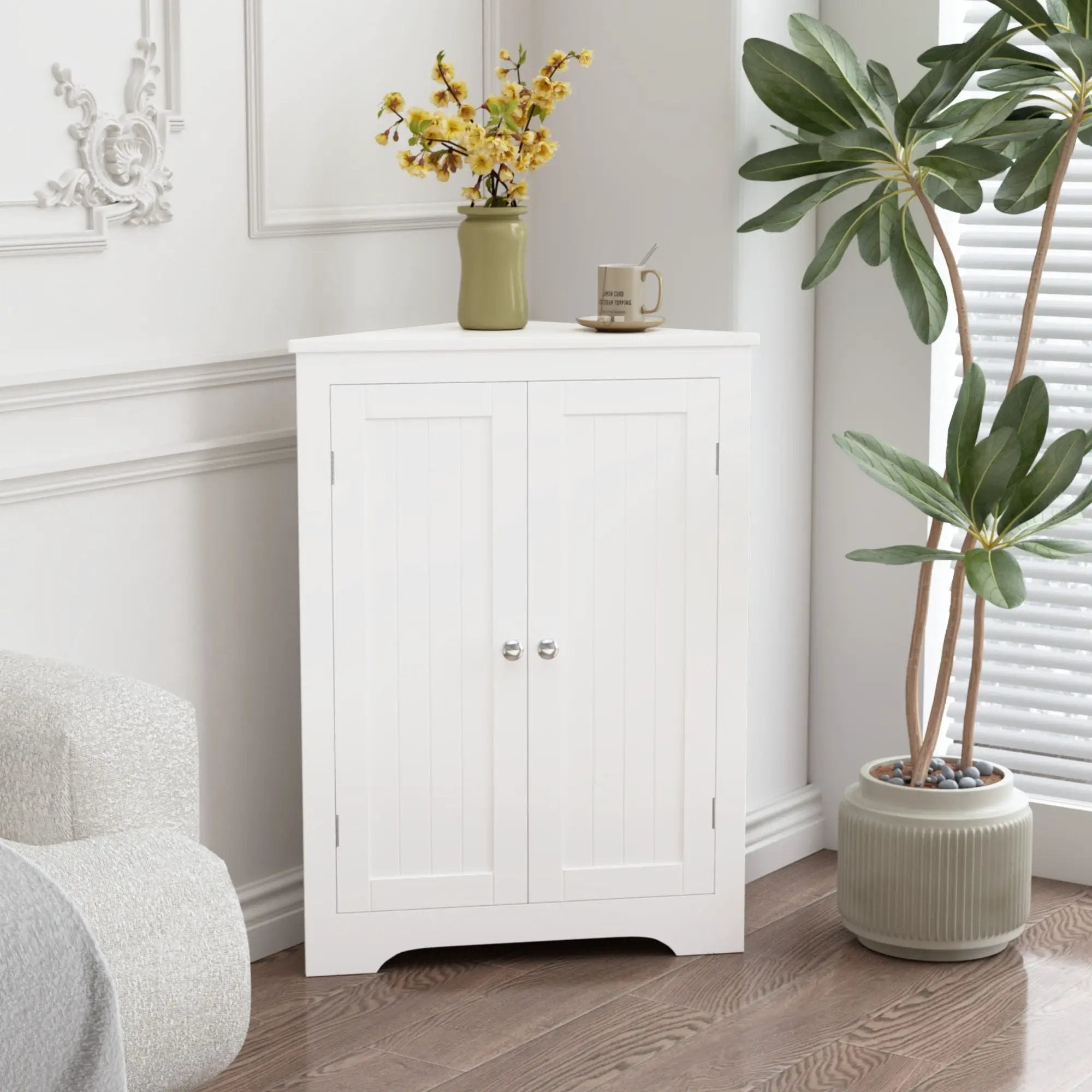 Corner Cabinet With 2 Doors And Adjustable Shelves, Freestanding Narrow Storage Organizer For Bathroom - White by Unique Piece Furniture