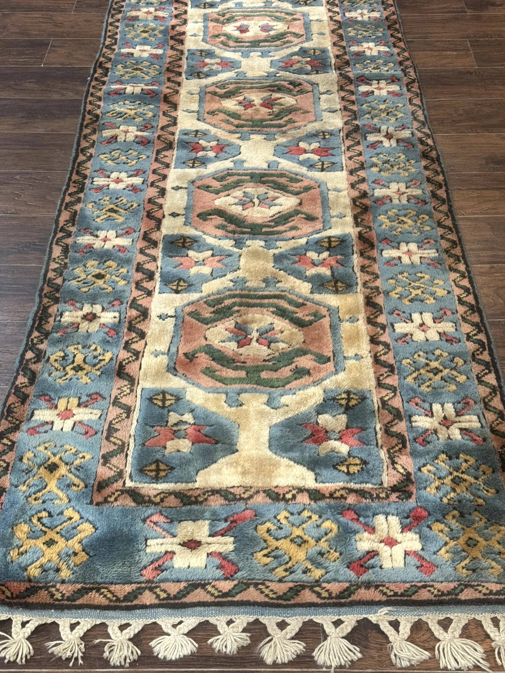 Turkish Kazak Runner Rug 3x11, Cream and Light Blue, Vintage by Jewel Rugs