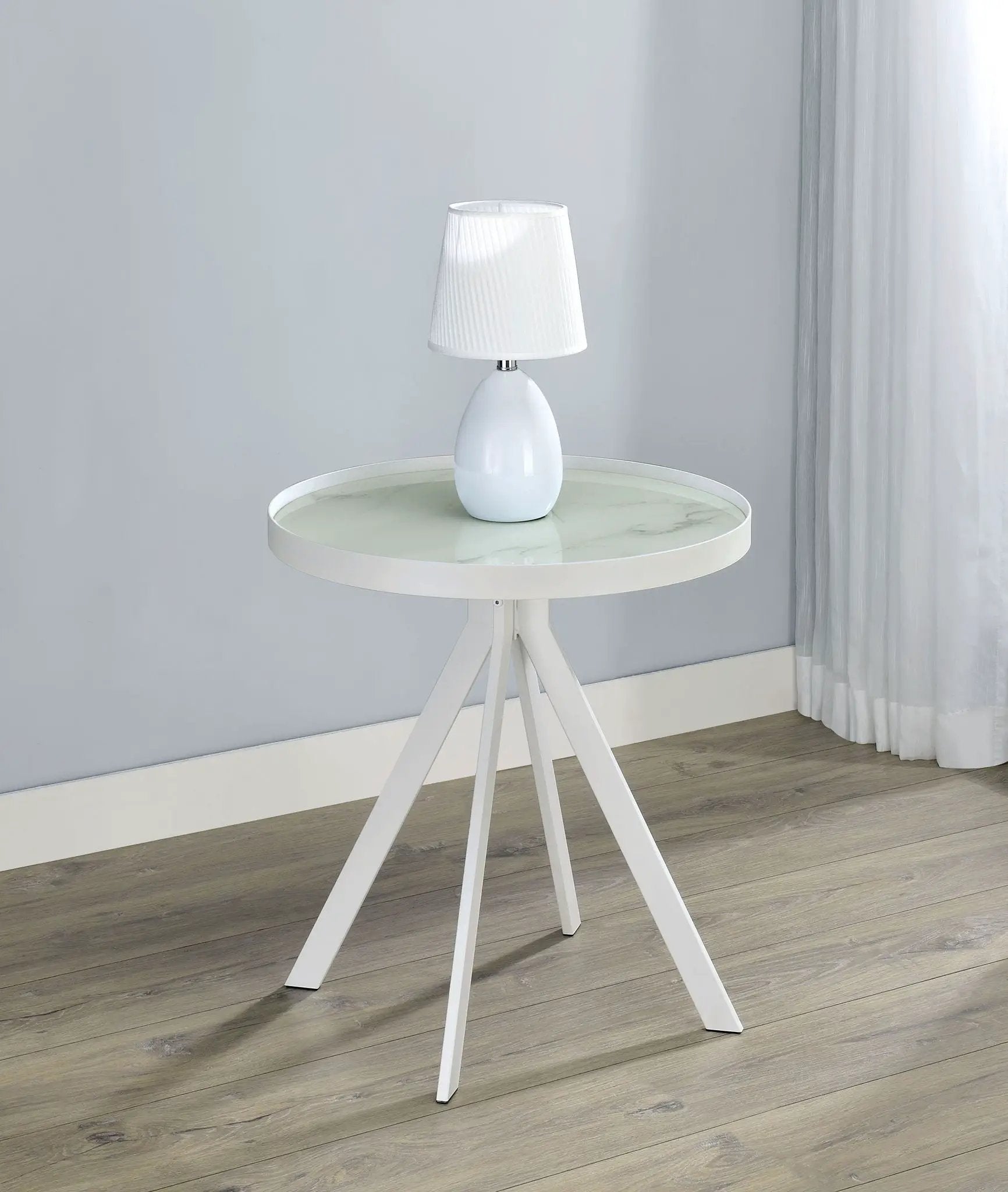 Briggs Round Marble Printed Glass Top End Side Table White by Unique Piece Furniture