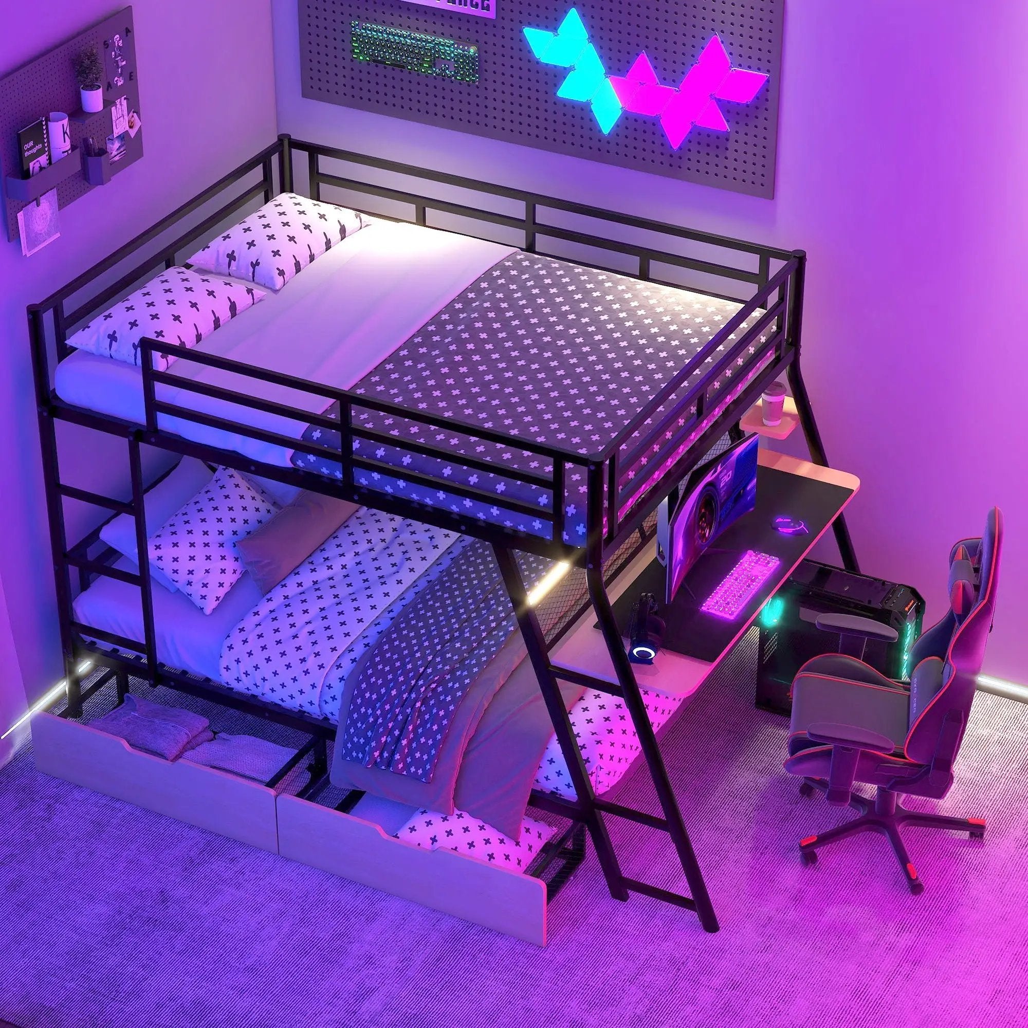 Full Size Bunk Bed With Built In Desk, Light, And 2 Drawers - Black by HouseOfZazla
