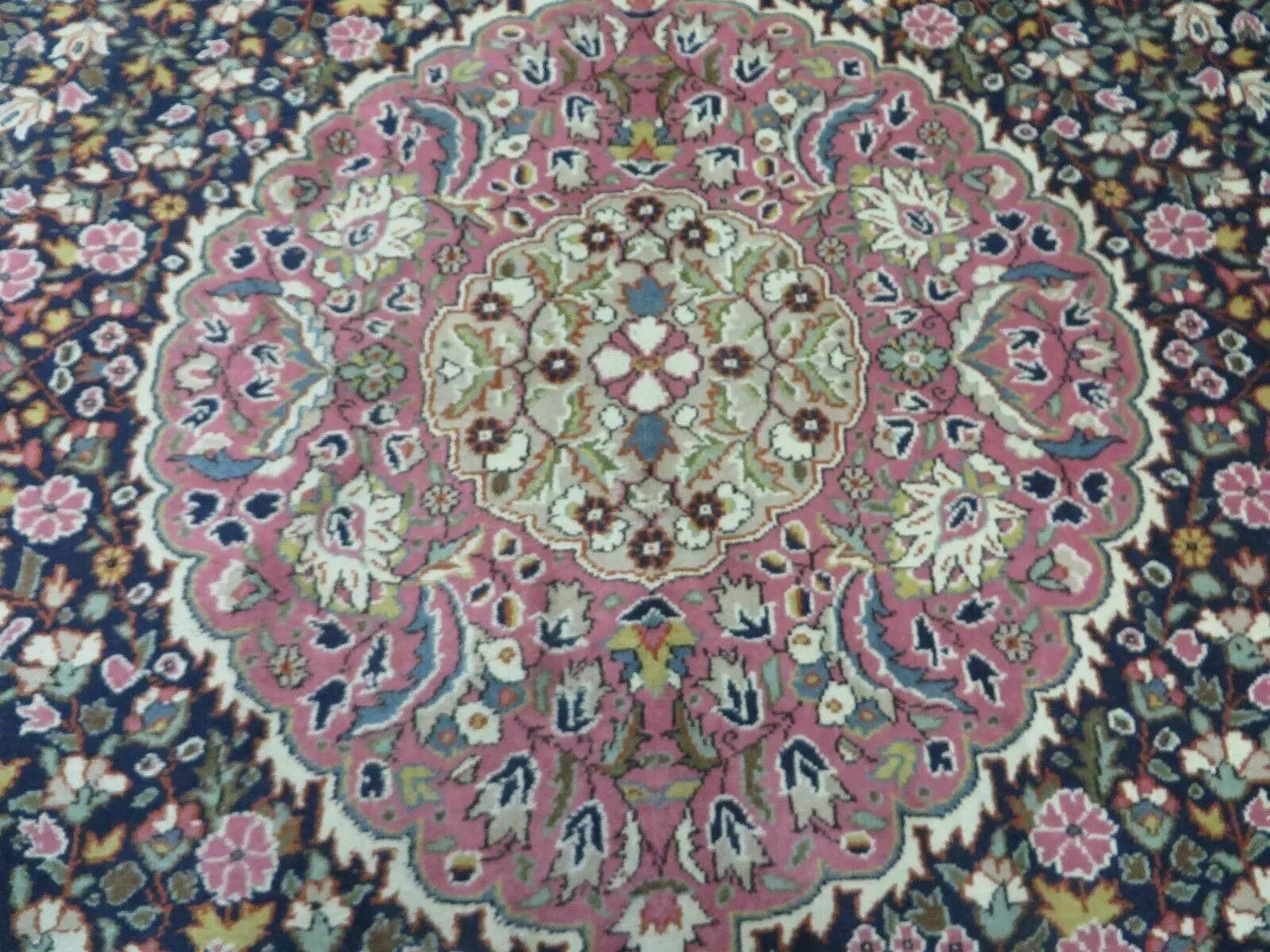 Turkish Sivas Rug 7x11, Navy Blue & Pink, Millifluer Floral Wool Carpet, Vintage by Jewel Rugs