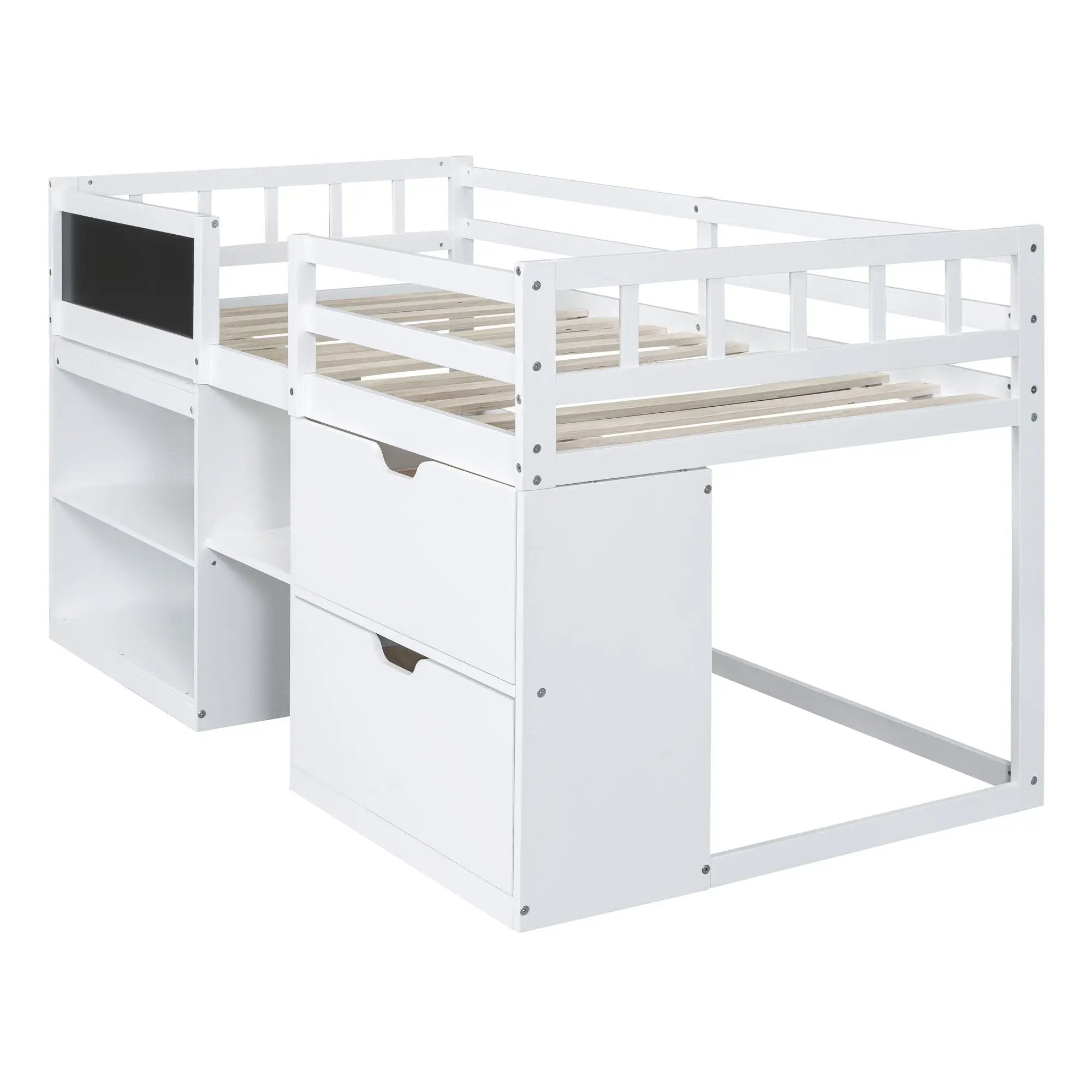 Low Loft Bed With Rolling Desk, Shelf And Drawers by HouseOfZazla