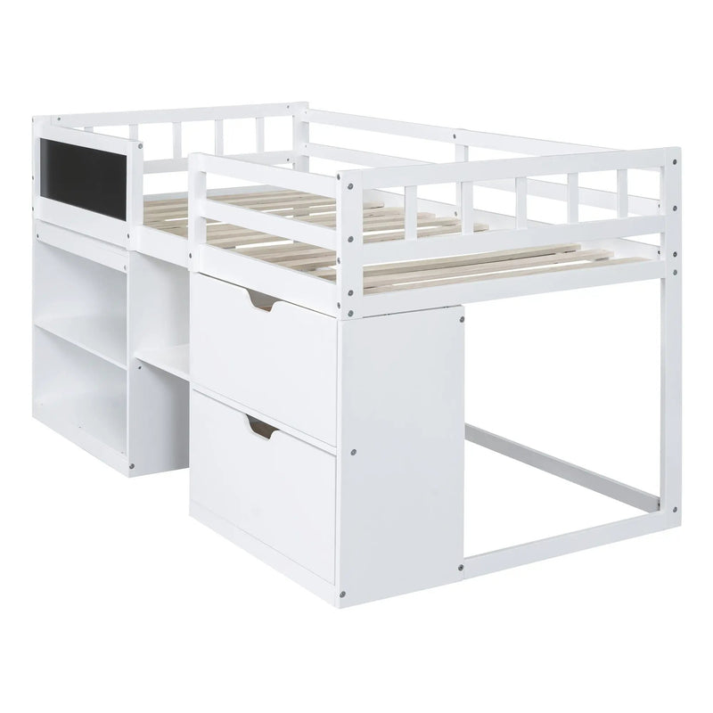 Low Loft Bed With Rolling Desk, Shelf And Drawers by HouseOfZazla