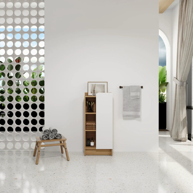 Freestanding Bathroom Side Cabinet, Narrow Storage Cabinet With Single Door & 3 Tier Open Shelves - Black / Light Oak / White by Unique Piece Furniture