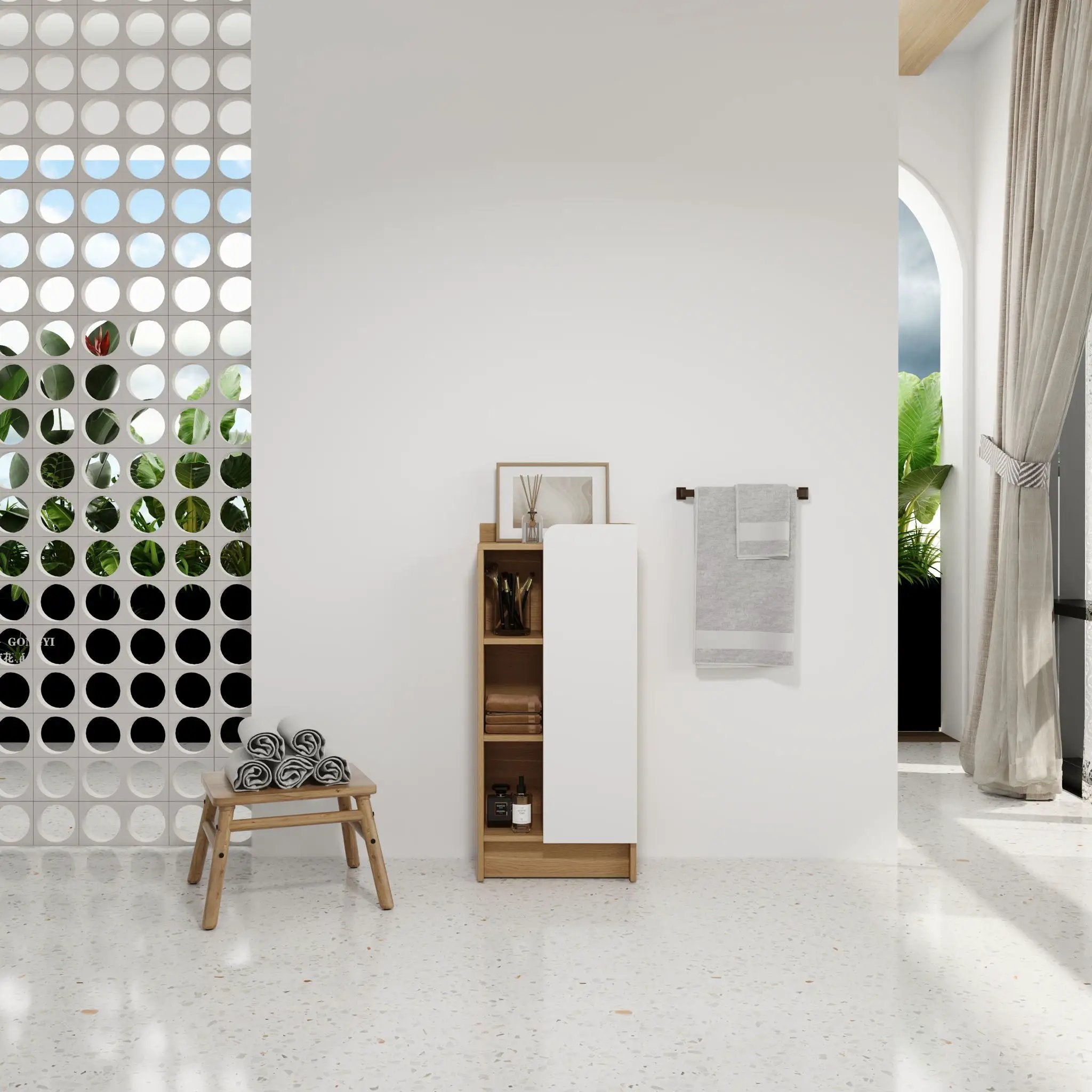 Freestanding Bathroom Side Cabinet, Narrow Storage Cabinet With Single Door & 3 Tier Open Shelves - Black / Light Oak / White by HouseOfZazla