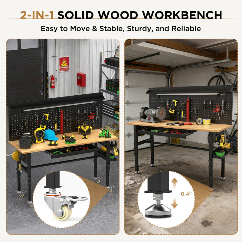 Adjustable Height Workbench, Includes Drawers, Power Outlet, LED Light, Wheels Or Leveling Feet - Black by HouseOfZazla