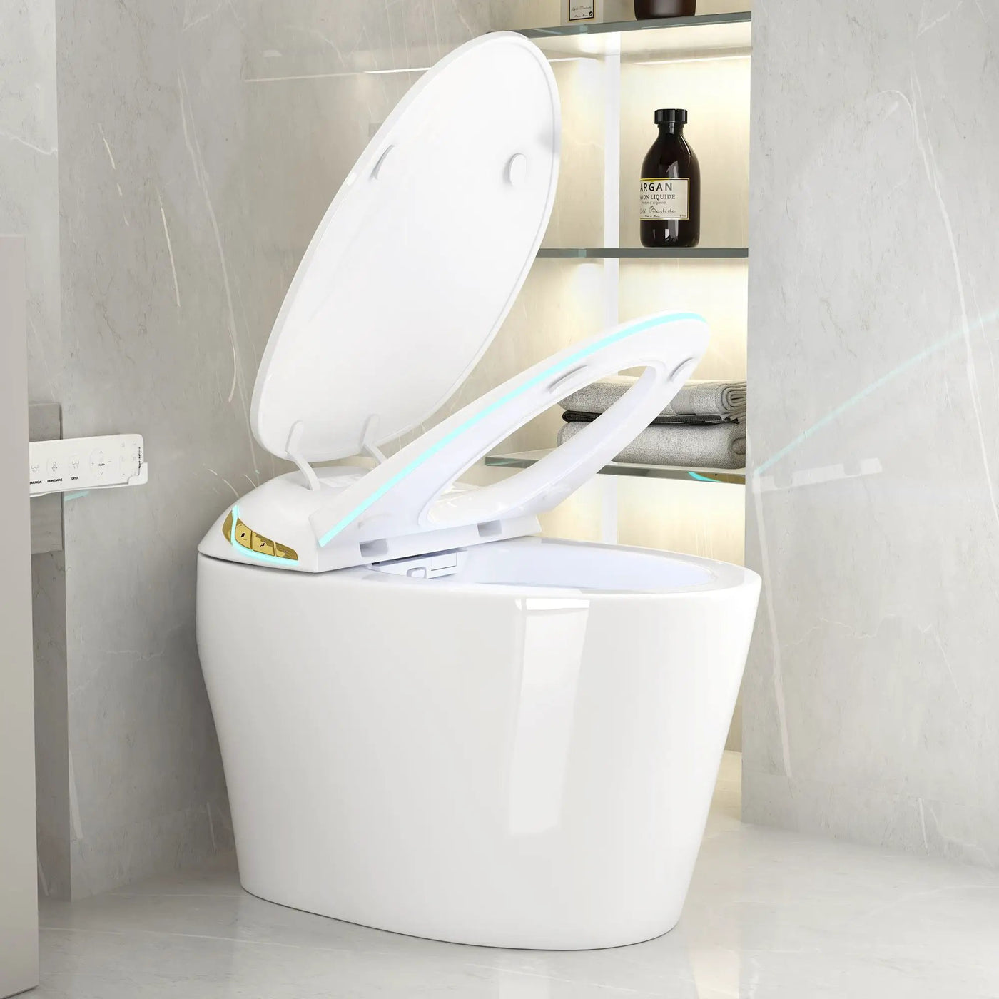Unique Smart Toile With Built In Bidet, Auto Open / Close Seat, Foot Sensor, LED Display, Night Light, Warm Water & Dryer Ceramic by HouseOfZazla