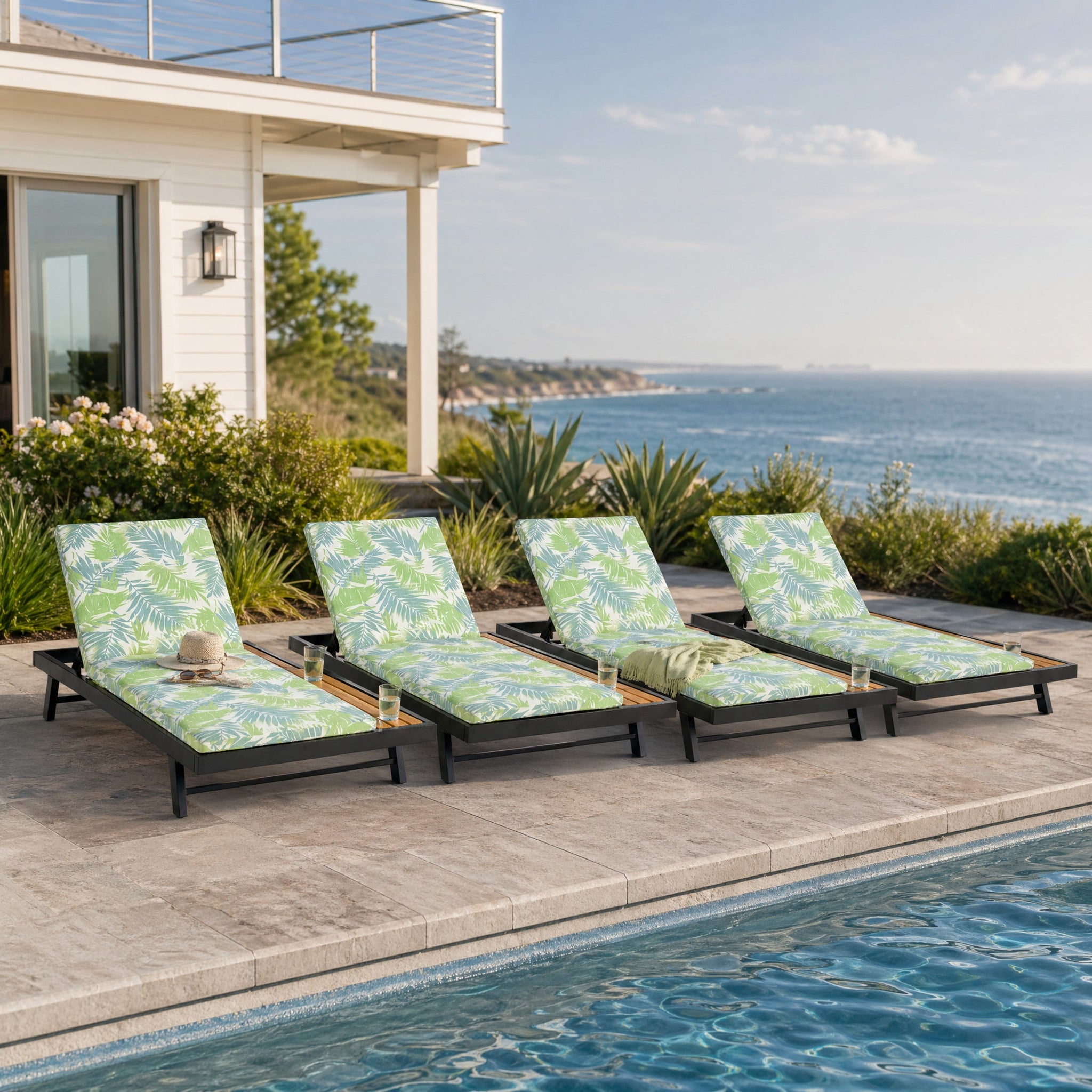 Black Iron + Teak Finish Outdoor Chaise Lounge Set with Leaf Coconut Cushion by HouseOfZazla
