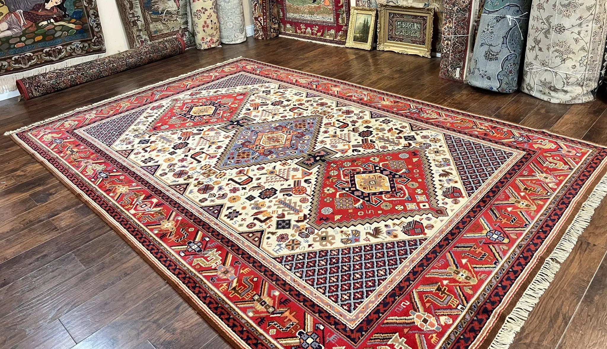 Belgium Power Loomed Rug 8x12, Geometric Medallions Persian Tribal Pattern, Vintage Wool Carpet, Ivory Red Blue by Jewel Rugs