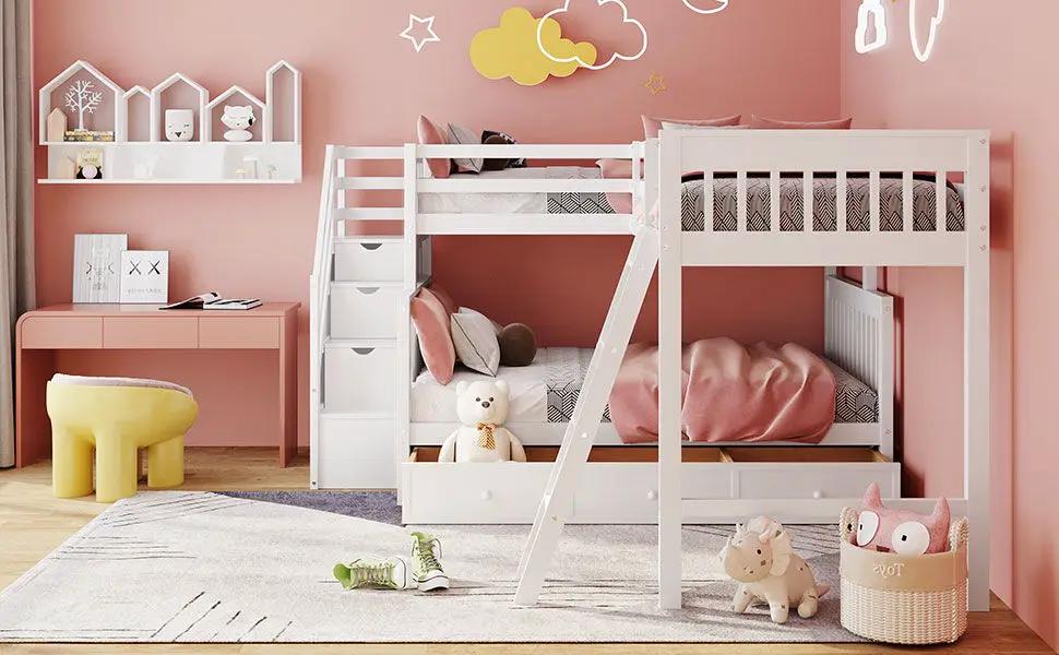 Solid L Shaped Bunk Bed With 3 Drawers, Ladder And Staircase