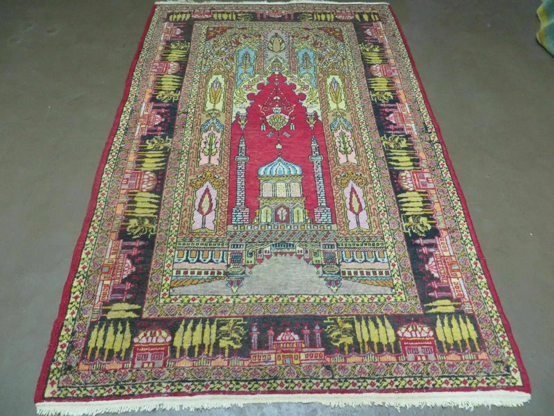 4' X 6' Antique 1920s Handmade Turkish Mehrab Design Wool Rug Lantern Beautiful by Jewel Rugs