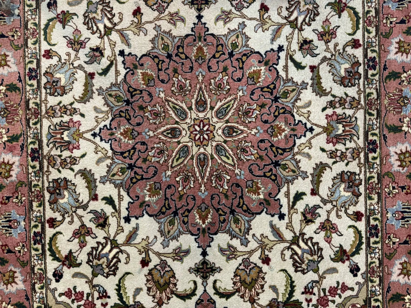 Fine Persian Tabriz Rug 3x5, Floral Medallion, 340 KPSI, Ivory Salmon by Jewel Rugs