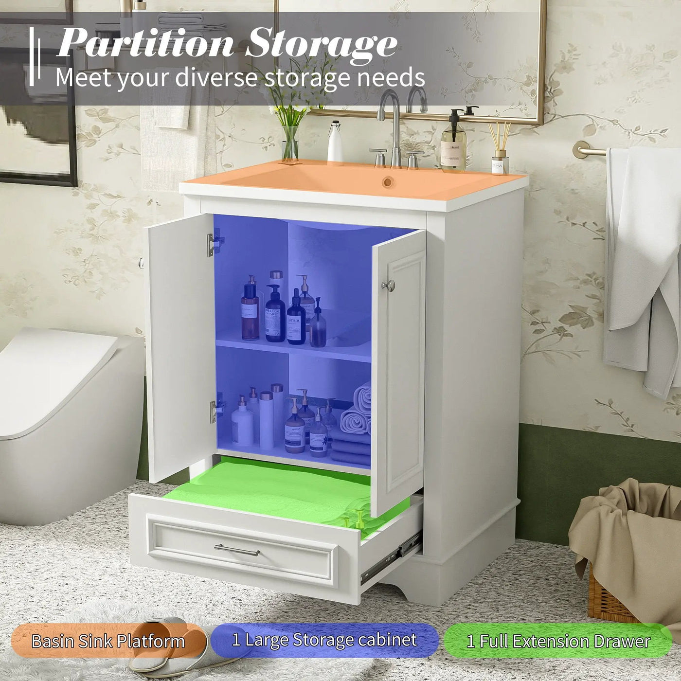 Bathroom Vanity With Ceramic Sink Combo, Modern Freestanding Storage Cabinet With Silver Handles by HouseOfZazla