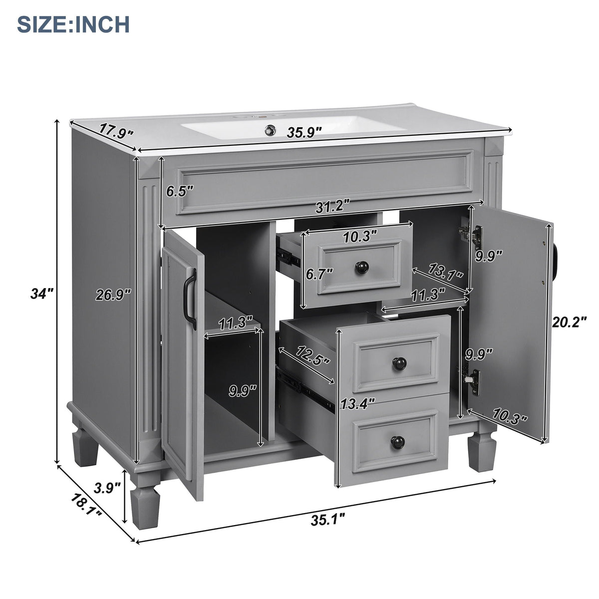 Bathroom Vanity with Ceramic Sink and Soft-Closing Storage - Dark Gray, White, or Black, photo 7 of 12
