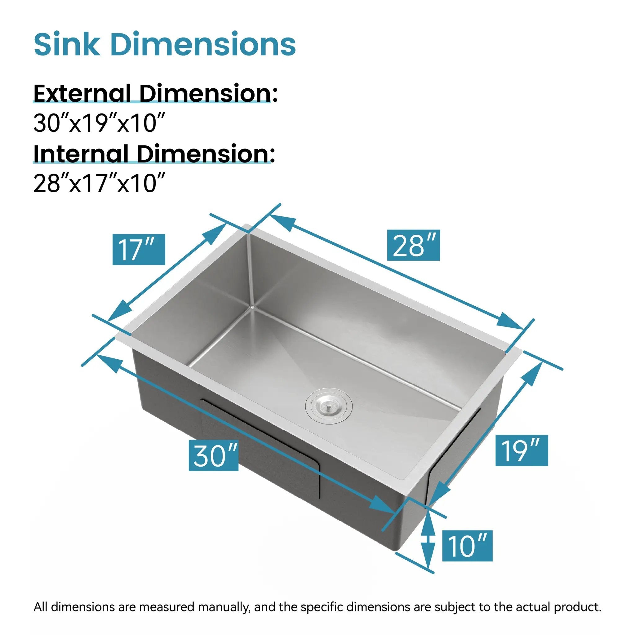 Stainless Steel Kitchen Sink, 30″x19″ Drop In Single Bowl, Undermount Handmade Sink in Brushed Nickel by HouseOfZazla