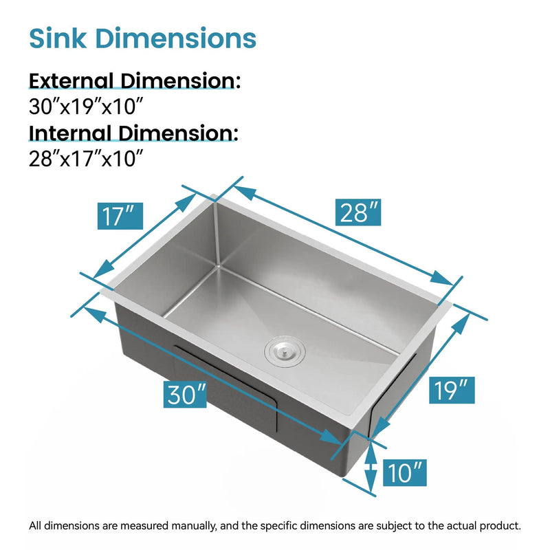 Stainless Steel Kitchen Sink, 30″x19″ Drop In Single Bowl, Undermount Handmade Sink in Brushed Nickel by HouseOfZazla