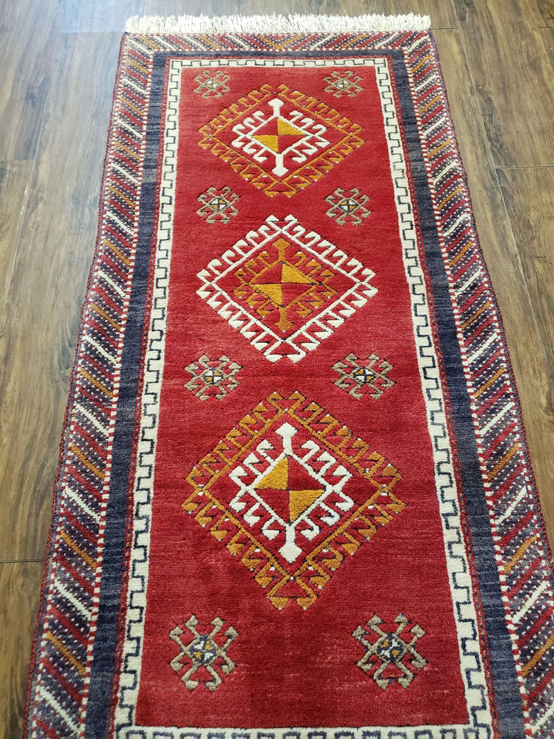 Vintage Turkish Kazak Rug 2.5 x 5 Red Wool Carpet Medallions Runner Geometric by Jewel Rugs