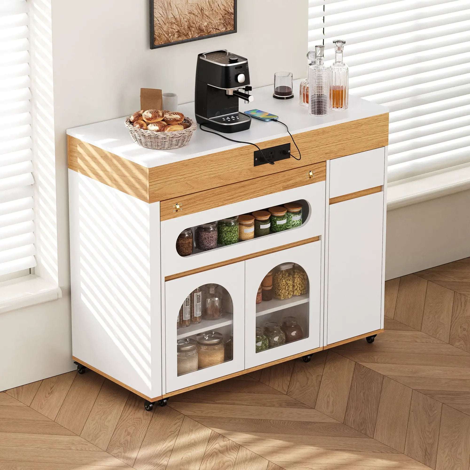 Extendable Dining Table With Folding Top, Rolling Kitchen Island With Drawers And Power Outlet