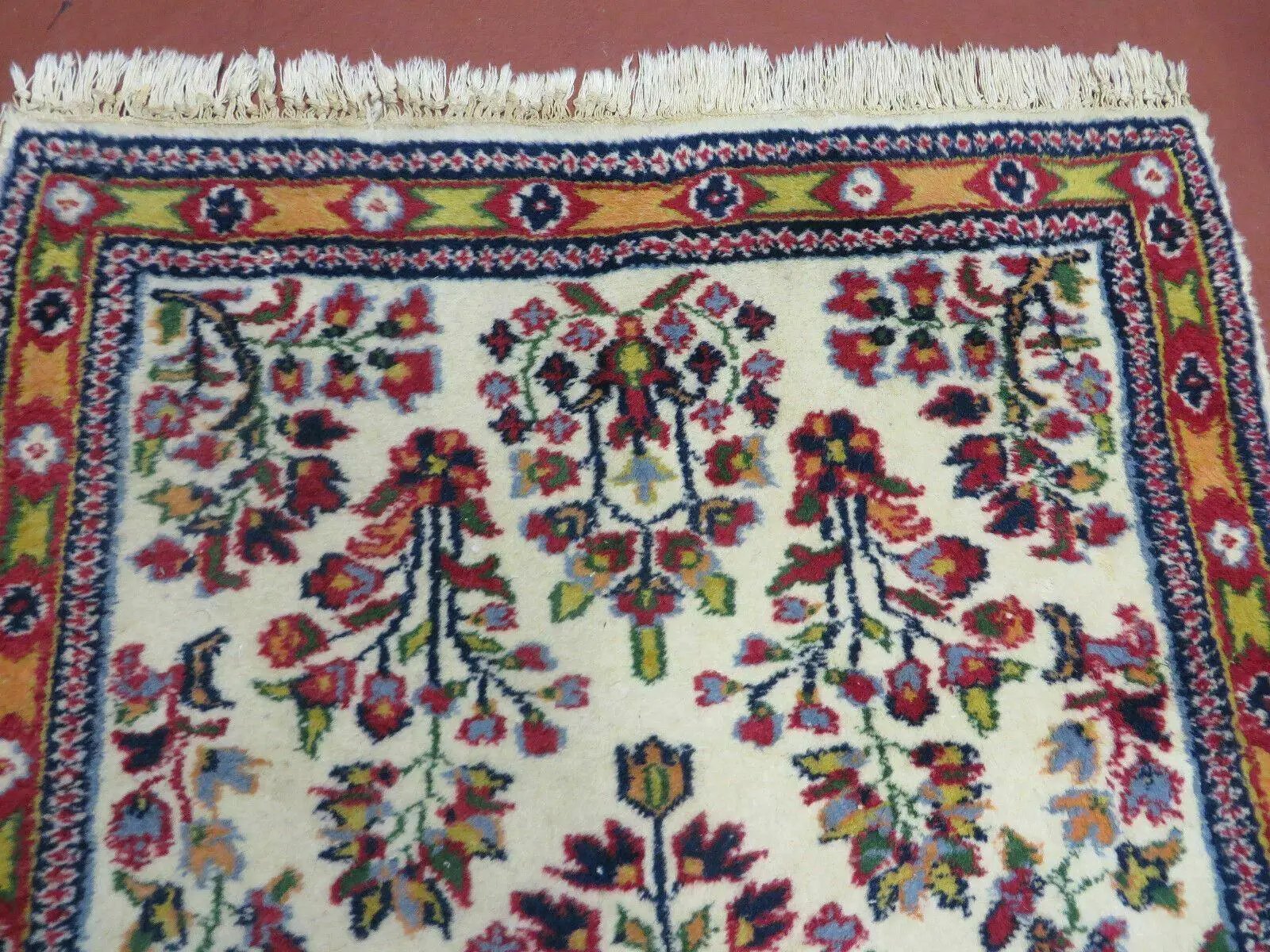 Small Persian Rug 2 x 3, Tiny Persian Sarouk Carpet, Cream Navy Blue Red, Floral Medallion, Vintage Wool Rug, Handmade Hand-Knotted Oriental Rug by Jewel Rugs