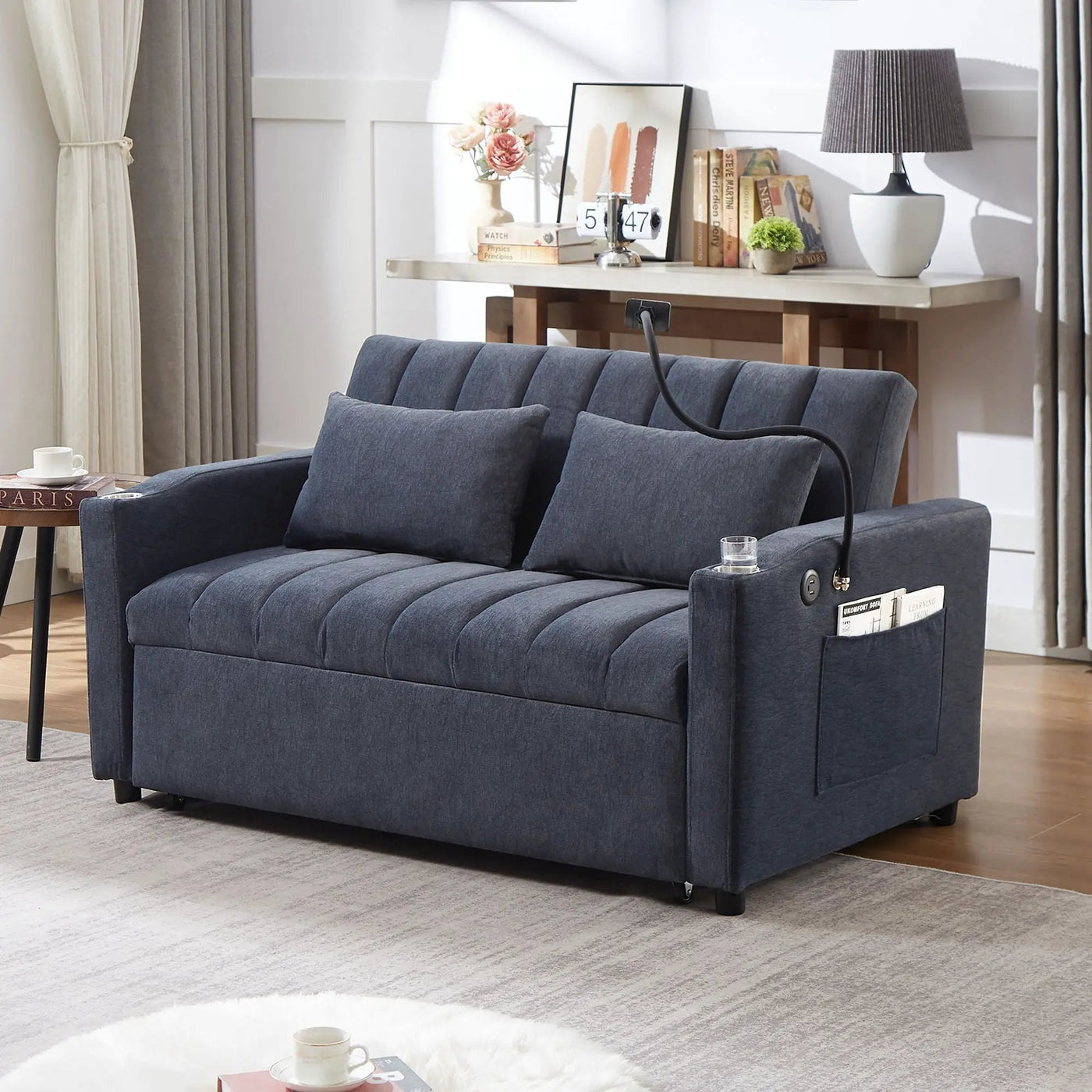 Convertible Sofa Bed Loveseat Sofa With Three USB Ports, Two Side Pockets, Two Cup Holders And 360° swivel Phone Holder For Living Room by HouseOfZazla