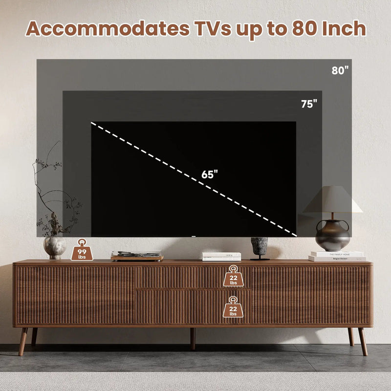 Fluted TV Stand With Storage Drawers And Cabinets For TVs Up To 80", Soft-Close Hinges, Cable Management - Walnut by HouseOfZazla