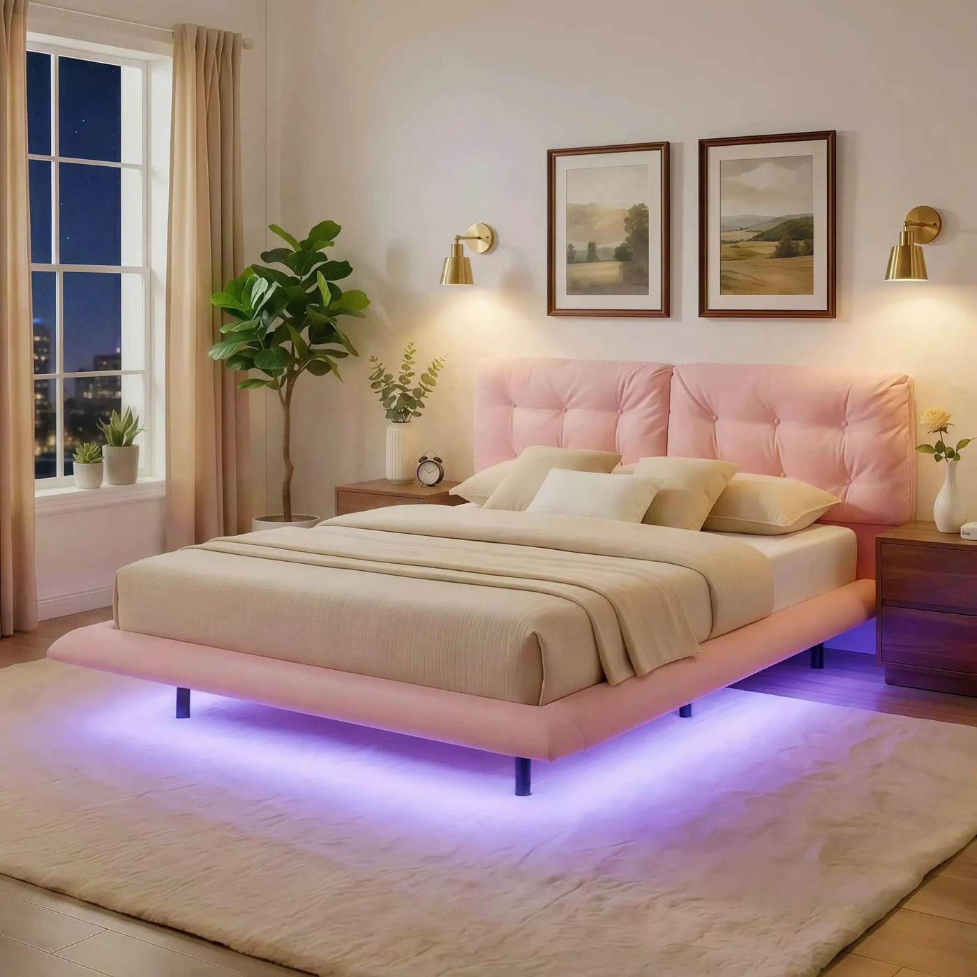 Queen Size Upholstered Floating Bed Frame with LED Lights by HouseOfZazla