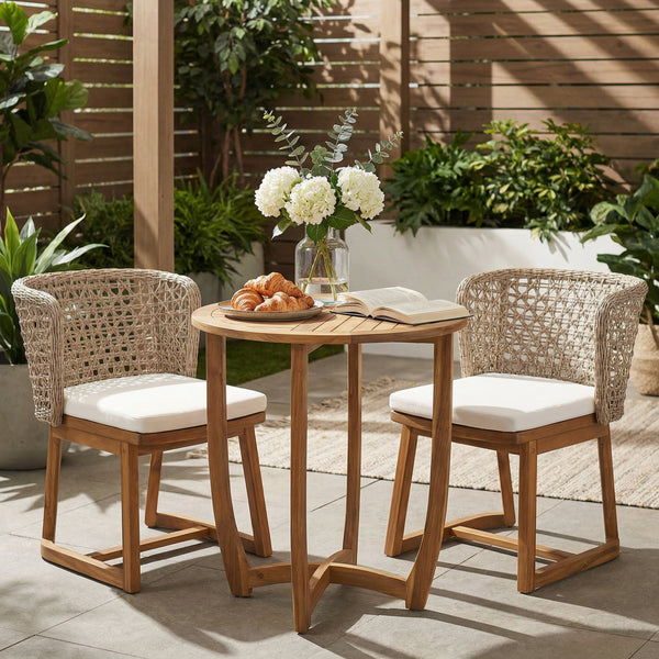 3-Piece Outdoor Dining Set with Teak Finish Acacia Wood Table & Wicker Chairs