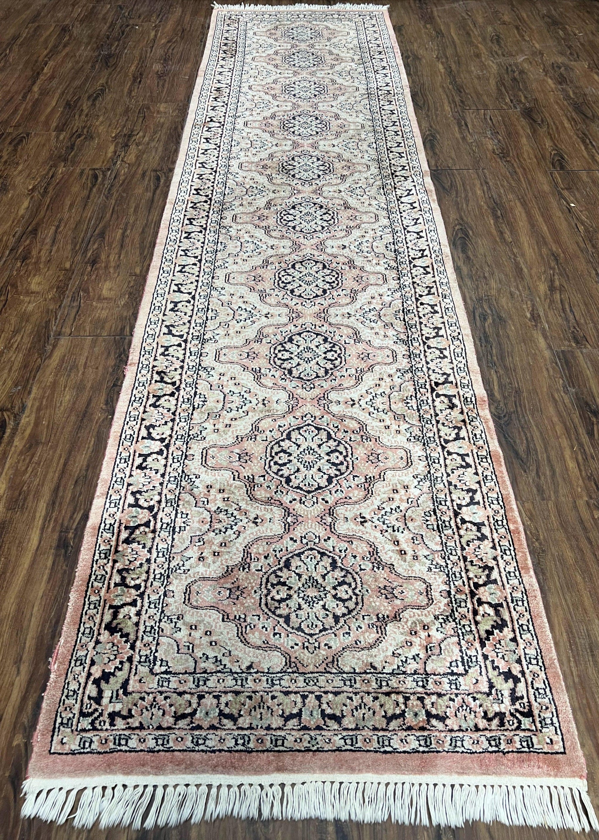 Silk Kashmiri Runner 2.7 x 10 ft Vintage Rug, Ivory Pastel Pink, Hand-Knotted Vintage Runner, Hallway Carpet, Indian Rug Medallion Runner by Jewel Rugs